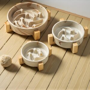 Marble-Pattern Ceramic Slow Feeder Bowl with Bamboo Stand • Anti-Choking Pet Food Dish • Slow-Eating Bowl