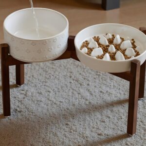 Elevated Ceramic Pet Bowl with Wooden Stand • Slow Feeder