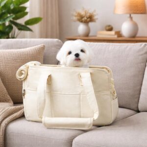 Canvas Small Dog Carrier Tote, Luxury Pet Travel Bag with Bed Insert, Breathable Puppy Handbag, Airline Approved Cat Tote, Dog Mom Gift Bag