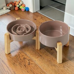 Elevated Ceramic Pet Bowl with Wooden Stand – Raised Feeder, Neck Support, Anti-Tip Design