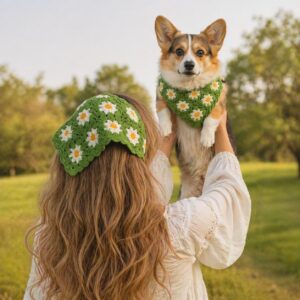 Matching Dog and Owner Bandana Set - Crochet Daisy Dog Bandana and Hair Scarf