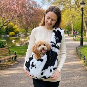 Plush Cow Print Pet Sling Carrier Soft Dog Cat Shoulder Bag Cozy Fleece Pet Tote Hands Free Small Pet Travel Bag Secure Hook Pocket