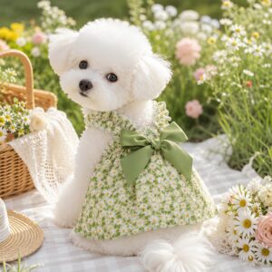 Green Daisy Dog Dress - Floral Pet Dress with Bow