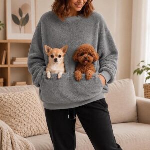 Oversized Pet Pocket Sherpa Sweatshirt, 2 Pocket Dog Holding Hoodie, Cozy Fleece Puppy Carrier Pullover for Dog Moms Lounging