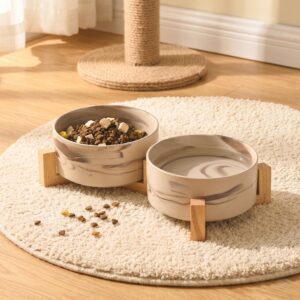 Modern Ceramic Marble Pet Bowl Set with Bamboo Stand, Elevated Cat Dog Feeder