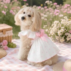 White Heart Dog Dress - Pink Bow Puppy Sundress