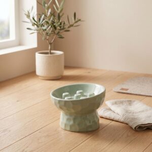 Sage Green Ceramic Slow Feeder Bowl, Raised & Tilted, Anti Gulp, Whisker Friendly, Dog/Cat Bowl, Dishwasher Safe